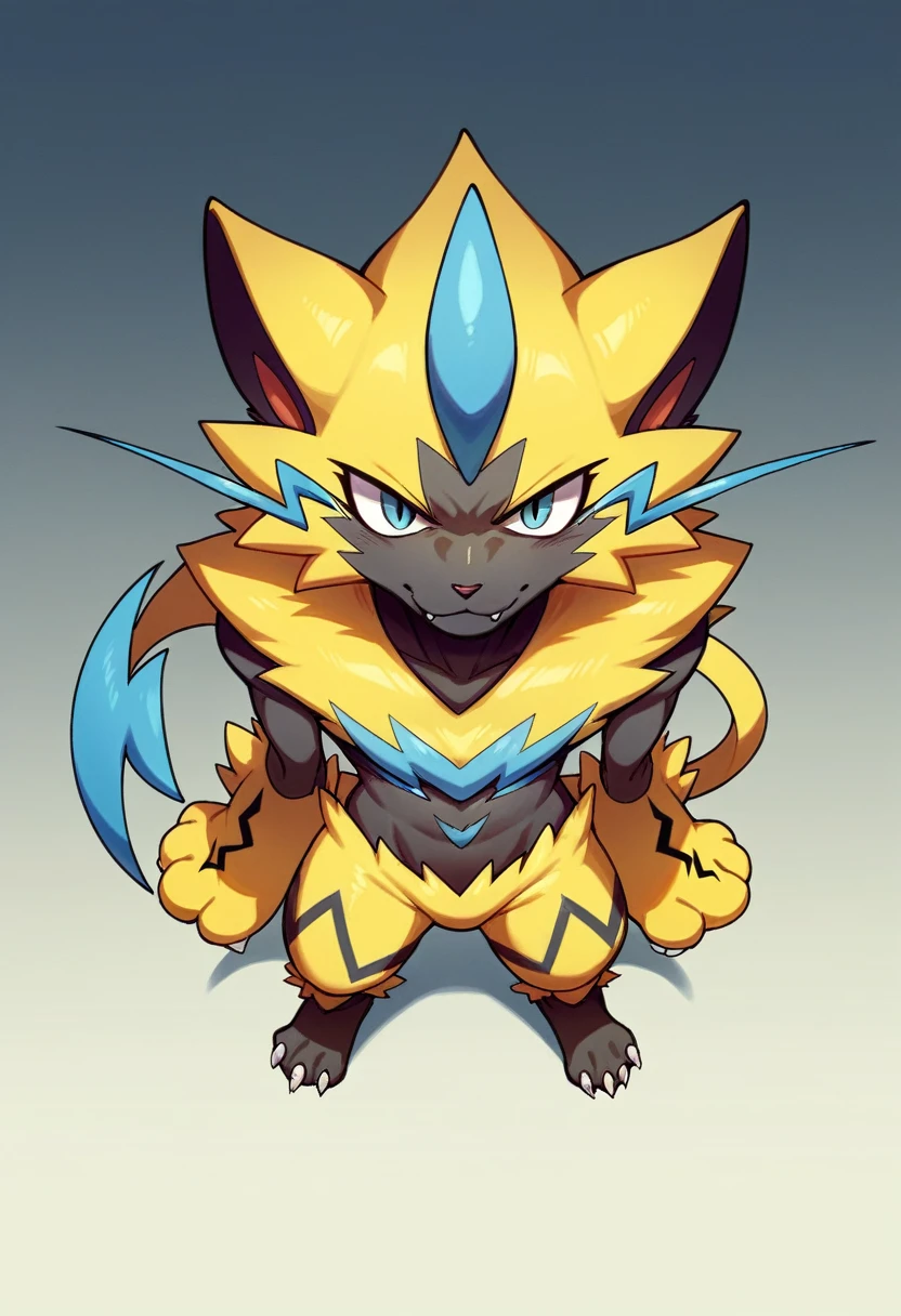 Pokemon　Zeraora　male　Shota　Yellow fur cat　sexy　cute　On the bed(Kneeling posture)　