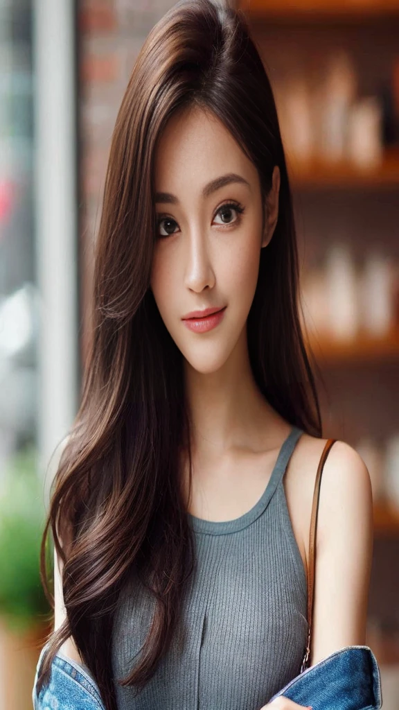 ((Highest quality, 8K, masterpiece :1.3)), Sharp focus :1.2, Beautiful woman with perfect figure :1.4, Thin abdominal muscles :1.2, ((Brown hair with highlights,chest :1.2)), (White long formal shirt)、Gray background:1.2, Highly detailed face and skin texture, Beautiful Eyes, double eyelid,Fashion model posing,Cowboy Shot,Distressed jeans、Cast a Shadow, Full body image, front view