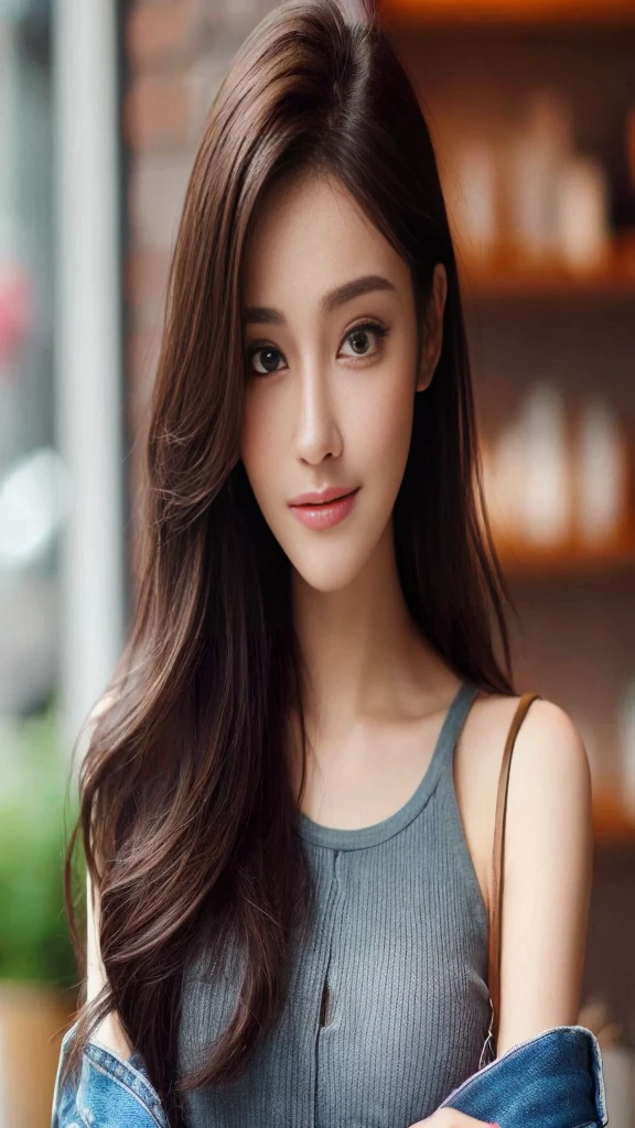 ((Highest quality, 8K, masterpiece :1.3)), Sharp focus :1.2, Beautiful woman with perfect figure :1.4, Thin abdominal muscles :1.2, ((Brown hair with highlights,chest :1.2)), (White long formal shirt)、Gray background:1.2, Highly detailed face and skin texture, Beautiful Eyes, double eyelid,Fashion model posing,Cowboy Shot,Distressed jeans、Cast a Shadow, Full body image, front view