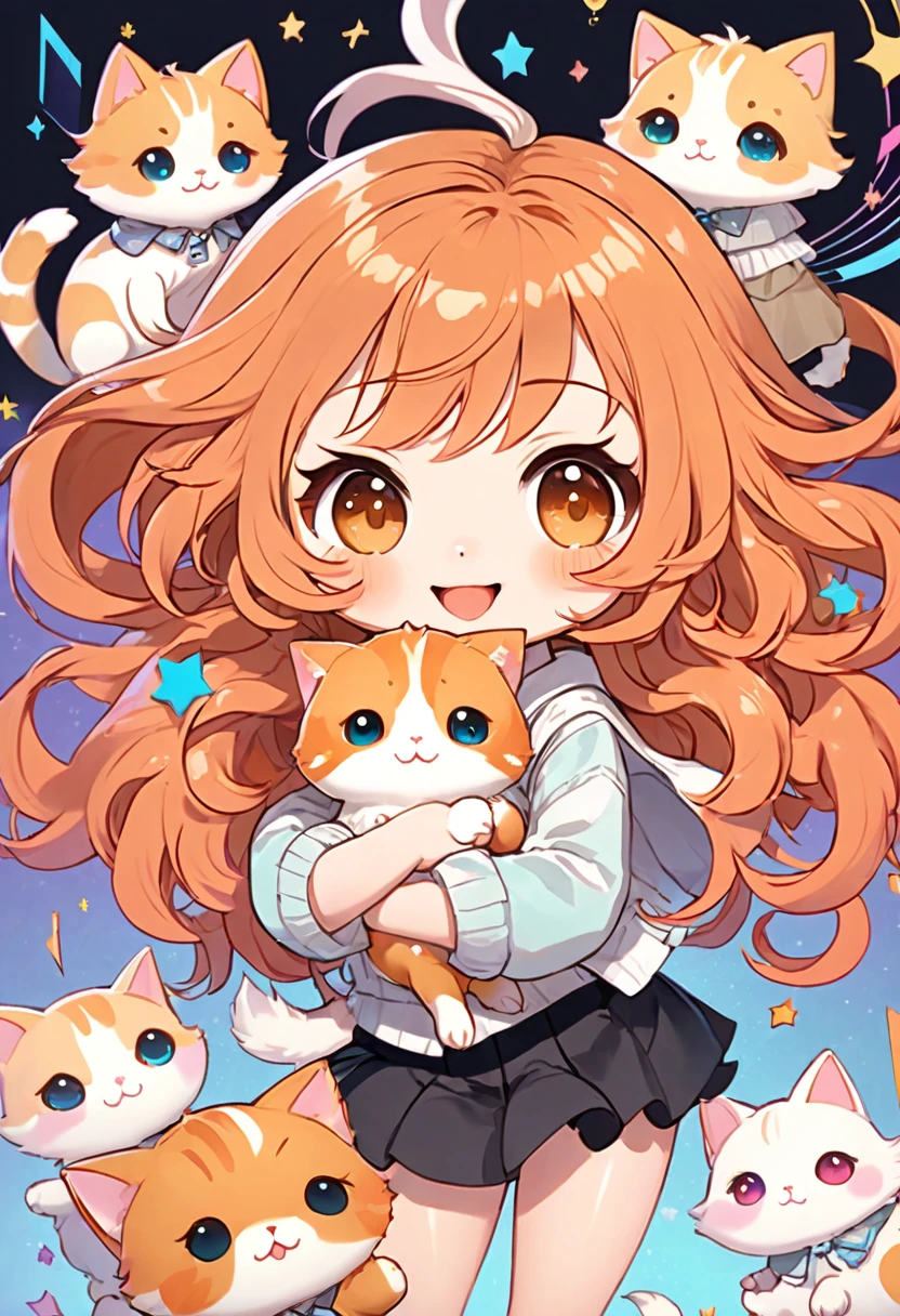 (chibi, big head, full body, super deformed), best quality, super fine, 16k, incredibly absurdres, extremely detailed, 2.5D, delicate and dynamic depiction, cute girl, smiling, orange messy wavy hair, ahoge, holding a cute fluffy cat in her arms, dancing notes effect, pastel and vivid colors background, portrait