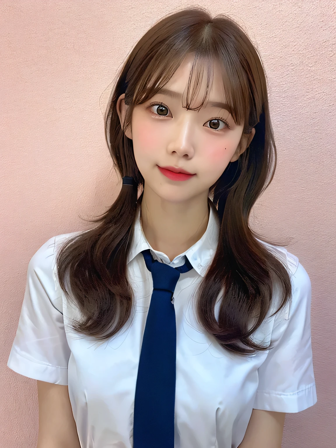 One person、13 years old、Brown Hair、Full body photo、slender、woman、White drool coming out of the mouth、smile、Short Twin Tails、 Red Hair、Fair skin, messy hair, super cute、Soft and Face、8K resolution、Surreal、Ultra high definition、 A-cup small breasts((Highest resolution、8K、masterpiece:1.3))、Ultra-fine face、Ultra Fine Lips、Beautiful Eyes、double eyelid,Pink wall、Blue tie、White shirt、Navy Blue Skirt、Thighs、thin,Thighsが見える、Shapely small breasts、