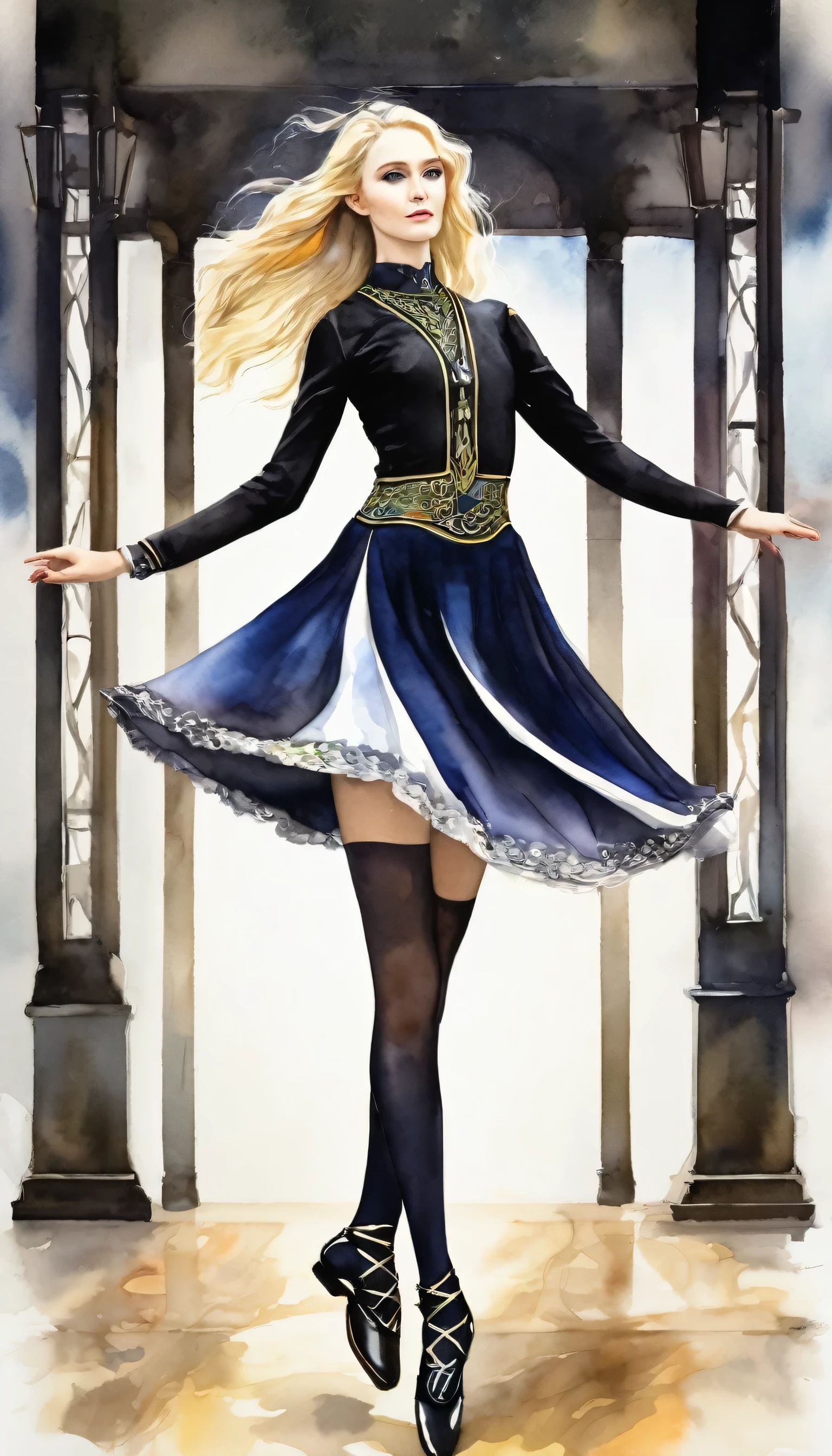 Irish Dance、Irish Dance Girl、tall、Northern Irish national costume、Black tights、(thin and long:1.2), Blonde Long Hair、Watercolor style、watercolor、Dark Dance Hall Background、Highest quality、Ultra-high resolution、Golden Ratio