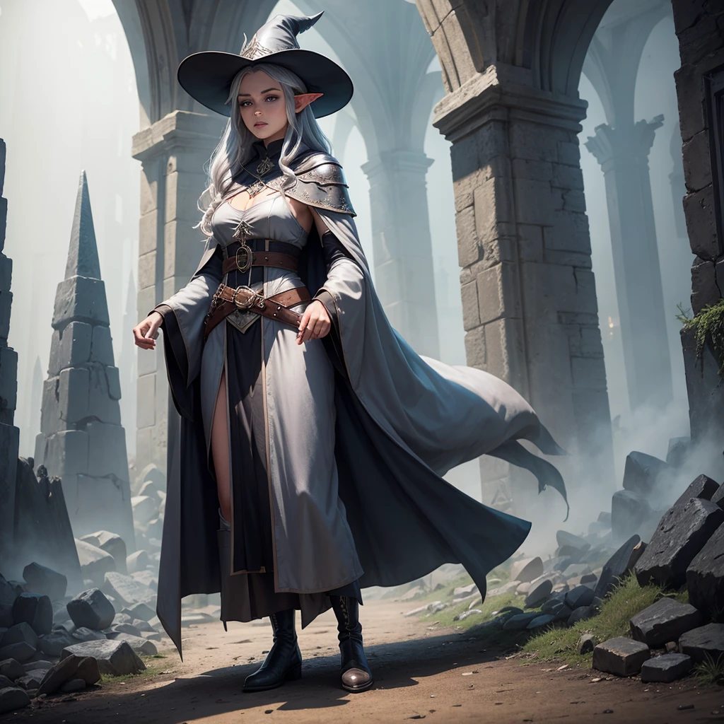 medieval setting, full view of body, 1 female elf mage,beatiful smokey eyes, silver hair, black mage robe with gambeson, wizard hat, leather boots