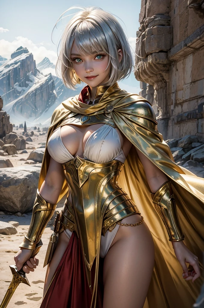 Perfect human body modeling, 1girl, beautiful girl, cute girl and idol face, young face, smile, short and bob cut hair, silver hair, ahoge, white shiny skin, beautiful green eyes, medium breasts, Western-style fantasy, RPG, Rocky mountains, desert, Red cape, Golden knight, Golden large sword,