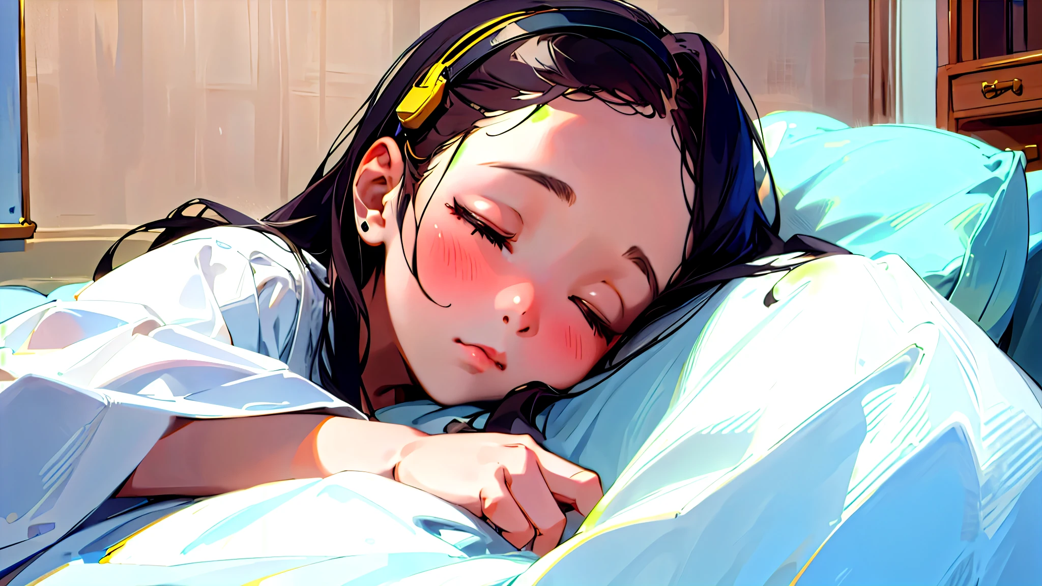 (Highest quality, Masterpiece, Ultra-realistic), Beautiful and delicate15Year-old girl portrait, With a calm expression, The background is the bedroom at home.。Sleeping while listening to music through headphones。