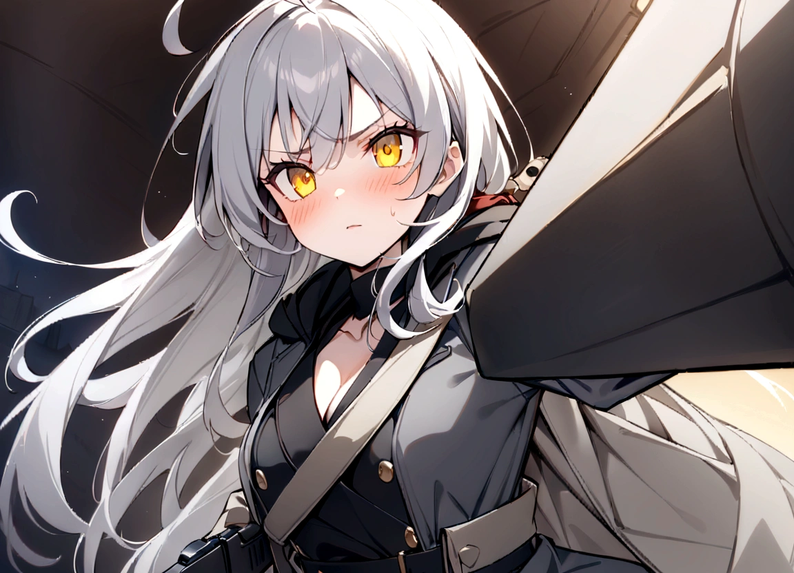 Cat ear、Gun on shoulder、(masterpiece, best quality:1.2), 1girl, 独奏,Black military uniform、Looking through the scope、Point your gun at us、Grey long hair、Ahoge、Yellow Eyes、Ready your gun?、sniper rifle、Background of military bases、Fisheye Lens、battlefield、Shadows of light and darkness、Expressionless、Grim face、anger、battle、A black hoodie over a grey trench coat、
