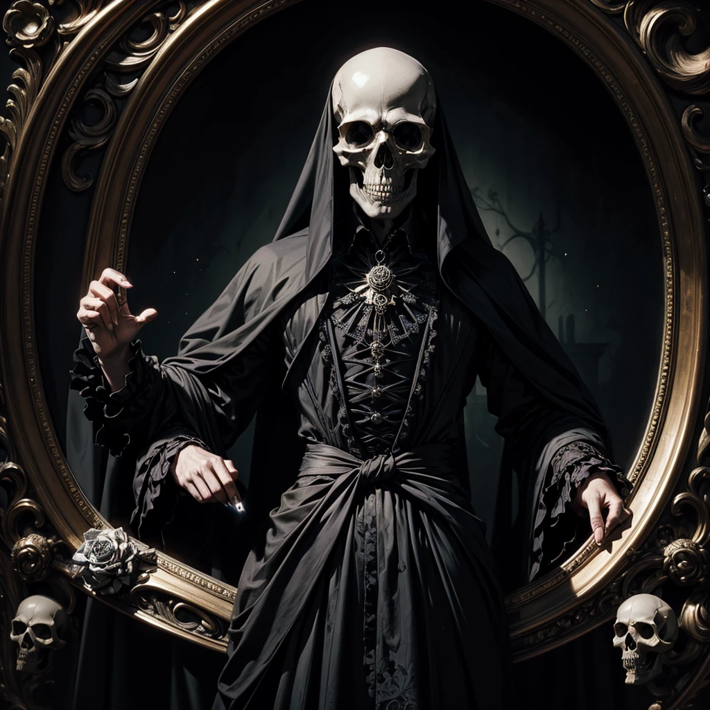 A transparent black ethereal specter with illuminated eyes playing a Victorian style harpsichord, in the Gothic style background you can glimpse some paintings with disturbing faces, above the harpsichord there is a skull with a black rose