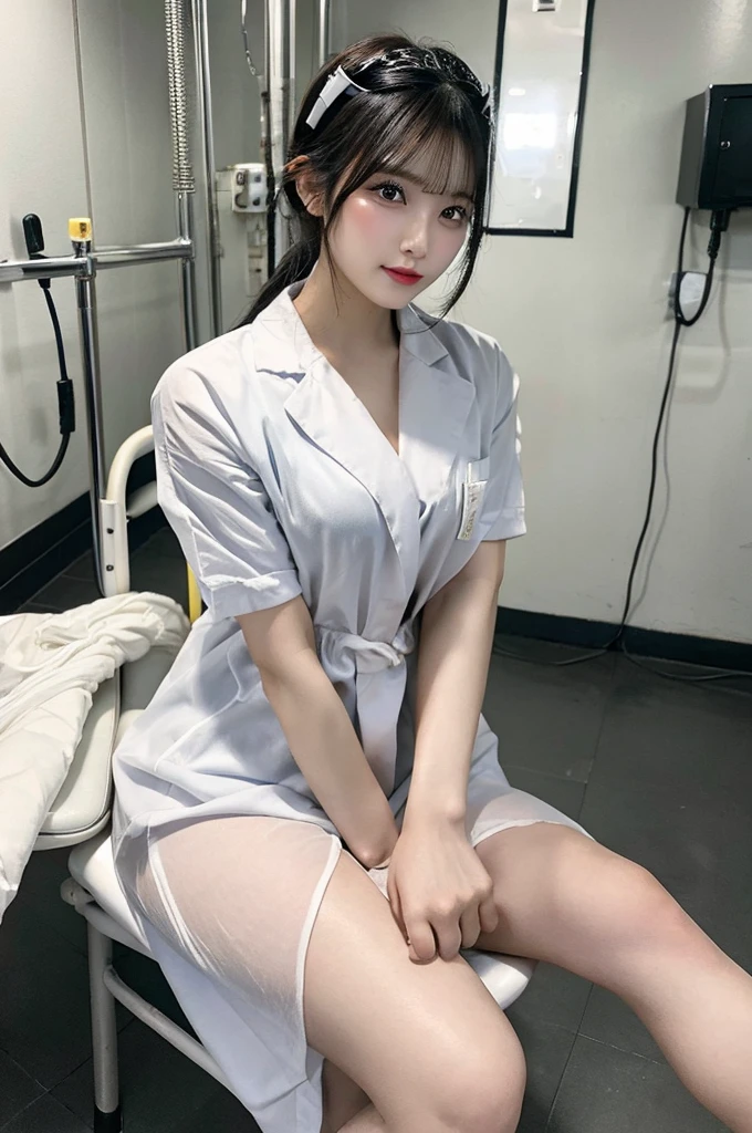 Browsing Caution、big 、(((Infirmary)))、full body,White、underwear、doctor’s coat、sit in office chair、Crossing your legs、whole body、double eyelid、Highest quality, Very detailed, Fine details, High resolution, 8K, Perfect dynamic composition, Beautiful details, Beautiful 20 year old woman、The only person,Black Hair、Glamorous Body、bed、Cute face、Two arms、Half Up、valley