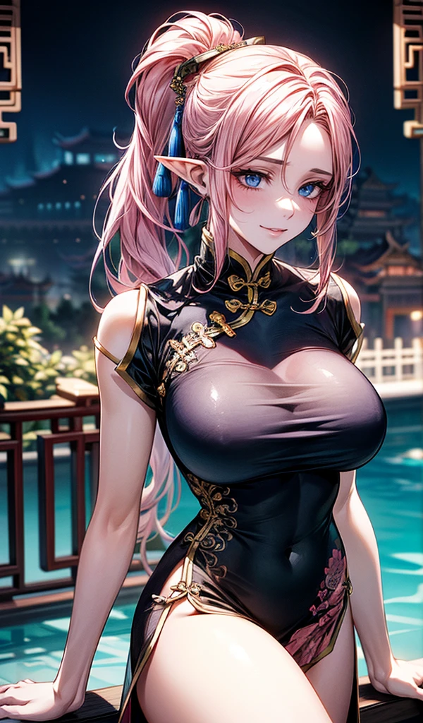 Please follow the all prompts below exactly and faithfully, This is a masterpiece of the most beautiful digital illustrations in the highest quality with maximum resolution, UHD, 512K, 2160p, 10 million ppi, 300 million dpi, natural tones, created with ultra-clear details, the highest realistic skin and hair texture, the most beautiful detailed eye features, a perfect anatomically correct human body, a beautiful background with depth, the rule of thirds, depth of field, and the best and most beautiful natural lighting, BREAK 1woman, 25years old, beautiful face sharp, elf, Ultimate perfect body style, pink hair, long hair, ponytail, beautiful blue eyes, beautiful big breasts, highly upturned breasts, smile, shiny clothes, (Ultimate minimum pink erotic Chinese dress:1.5), at the outdoor poolside,