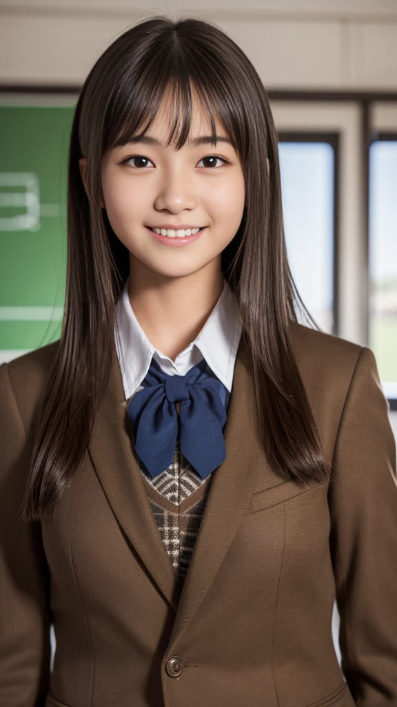 (Highest quality,masterpiece:1.3,Ultra-high resolution),(Very detailed,Caustics,8K),(Realistic:1.4,RAW shooting),Girl in high school uniform,Japanese,boyish,smile,18-year-old,Brown long haircut,Looking into the camera,School classroom,I&#39;m sitting on a chair and studying、Waist up shot,front,Face Focus,Face close-up,(Warm Light),Professional Writing