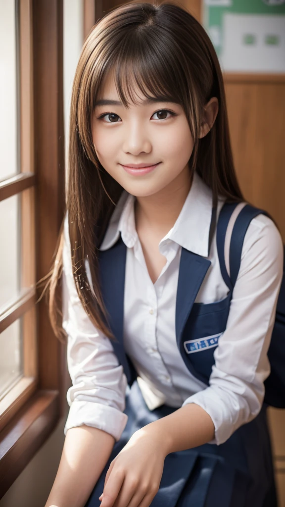 (Highest quality,masterpiece:1.3,Ultra-high resolution),(Very detailed,Caustics,8K),(Realistic:1.4,RAW shooting),Girl in high school uniform,Japanese,boyish,smile,18-year-old,Brown long haircut,Looking into the camera,School classroom,I'm sitting on a chair and studying、Waist up shot,front,Face Focus,Face close-up,(Warm Light),Professional Writing