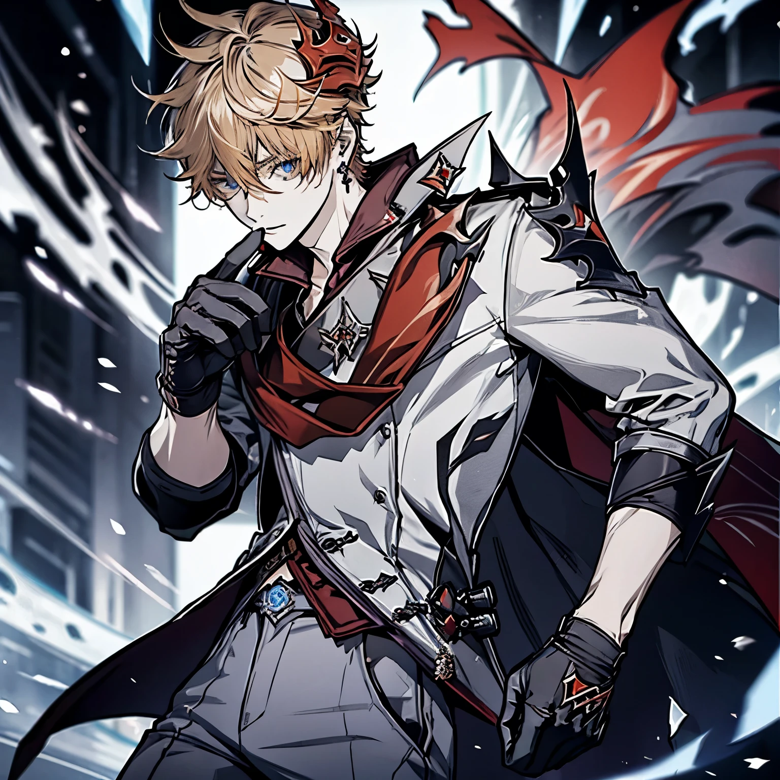 childe, solo, looking at viewer, short hair, blue eyes, shirt, gloves, 1boy, hair between eyes, jewelry, jacket, male focus, earrings, black gloves, pants, orange hair, mask, single earring, red scarf, grey jacket, vision (genshin impact), mask on head, half gloves, grey pants, red mask