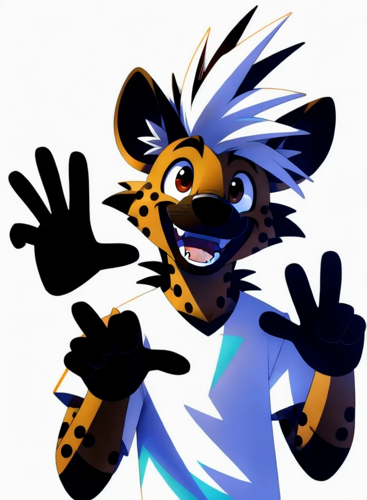 anthropomorphic Hyena, Spiky hair, ager, Hi gesture, White background, Happy, Smiling with open mouth,
(best quality, high quality:1.4),White hair,Brown eyes