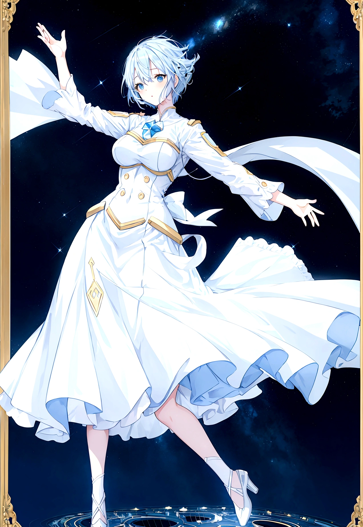 Character (adult woman) (light blue hair) (white dress-style clothing) (character in dynamic pose) (full body in frame) (starry night sky background)