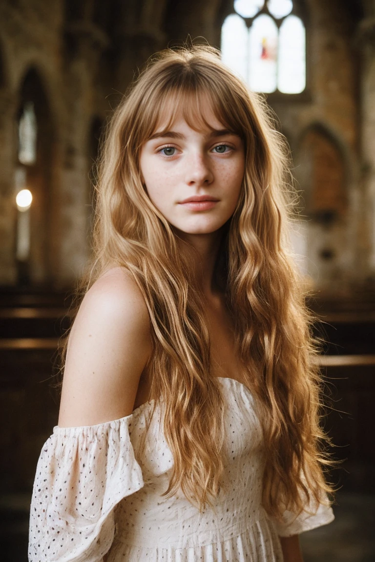 realistic photo of a 17-year-old girl, beautiful face, cute appearance, long wavy blonde hair with bangs, freckles, in an off-shoulder dress, standing in an old church, relaxed expression, brimming with emotion, interplay of contrast along with detailed light and shadow, depth of field, dark atmosphere with candlelight scenario,