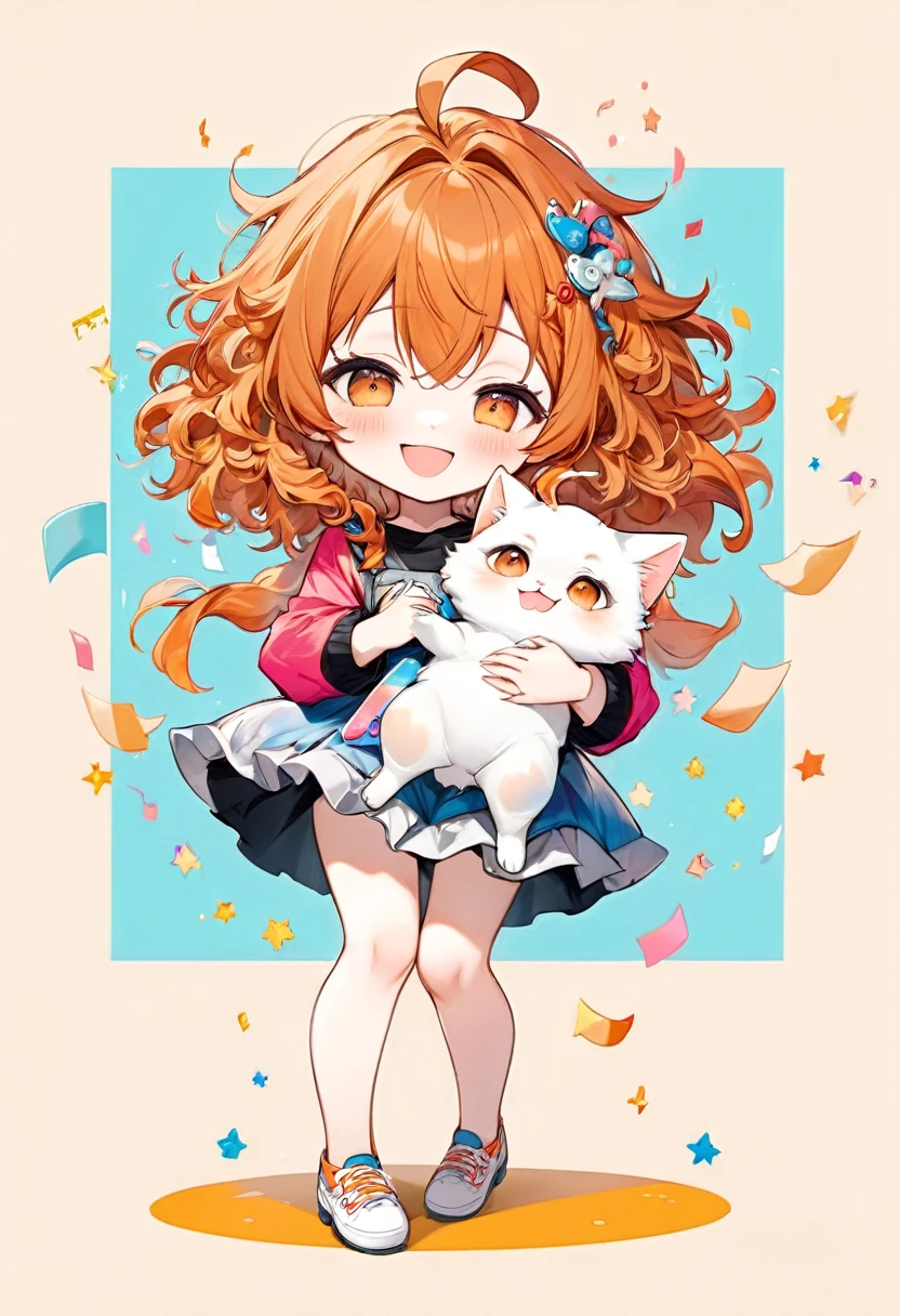 (chibi, big head, full body, super deformed), best quality, super fine, 16k, incredibly absurdres, extremely detailed, 2.5D, delicate and dynamic depiction, cute girl, smiling, orange messy wavy hair, ahoge, holding a cute fluffy cat in her arms, dancing notes effect, pastel and vivid colors background, portrait