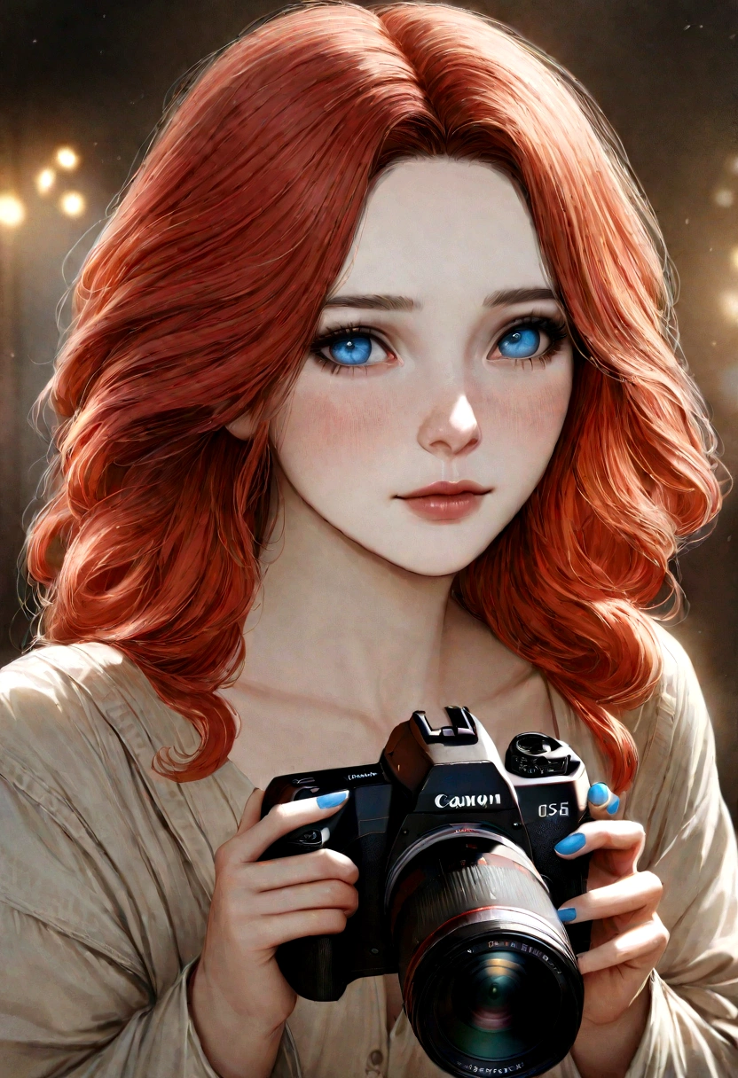 best quality, ultra-detailed, realistic:1.37), 23 year old pale beautiful woman’s feet, blue nail polish, Swedish female, dyed red hair, medium length extremely curly layered hairstyle, bright blue eyes, high cheek bones, pale skin tone, shot on a Canon EOS R6 Mark II camera