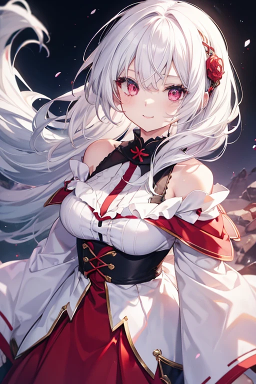 Anime, Girl with White Hair and Red Eyes, Fluffy Clothes, Off Shoulder, Kawahara,beautiful and detailed eyes, sweet smile 