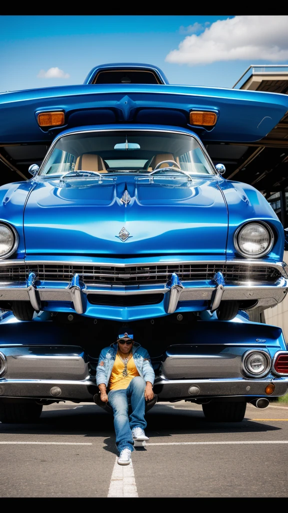 there is a blue and white car with a big wheel on it, swagger! lowrider culture, lowriders, lowrider style, lowrider crash test, standing in front of lowrider, by Arnie Swekel, long front end, super wide, by Dave Melvin, postprocessed, muscle cars, some smooth, by Jay Hambidge, in detail