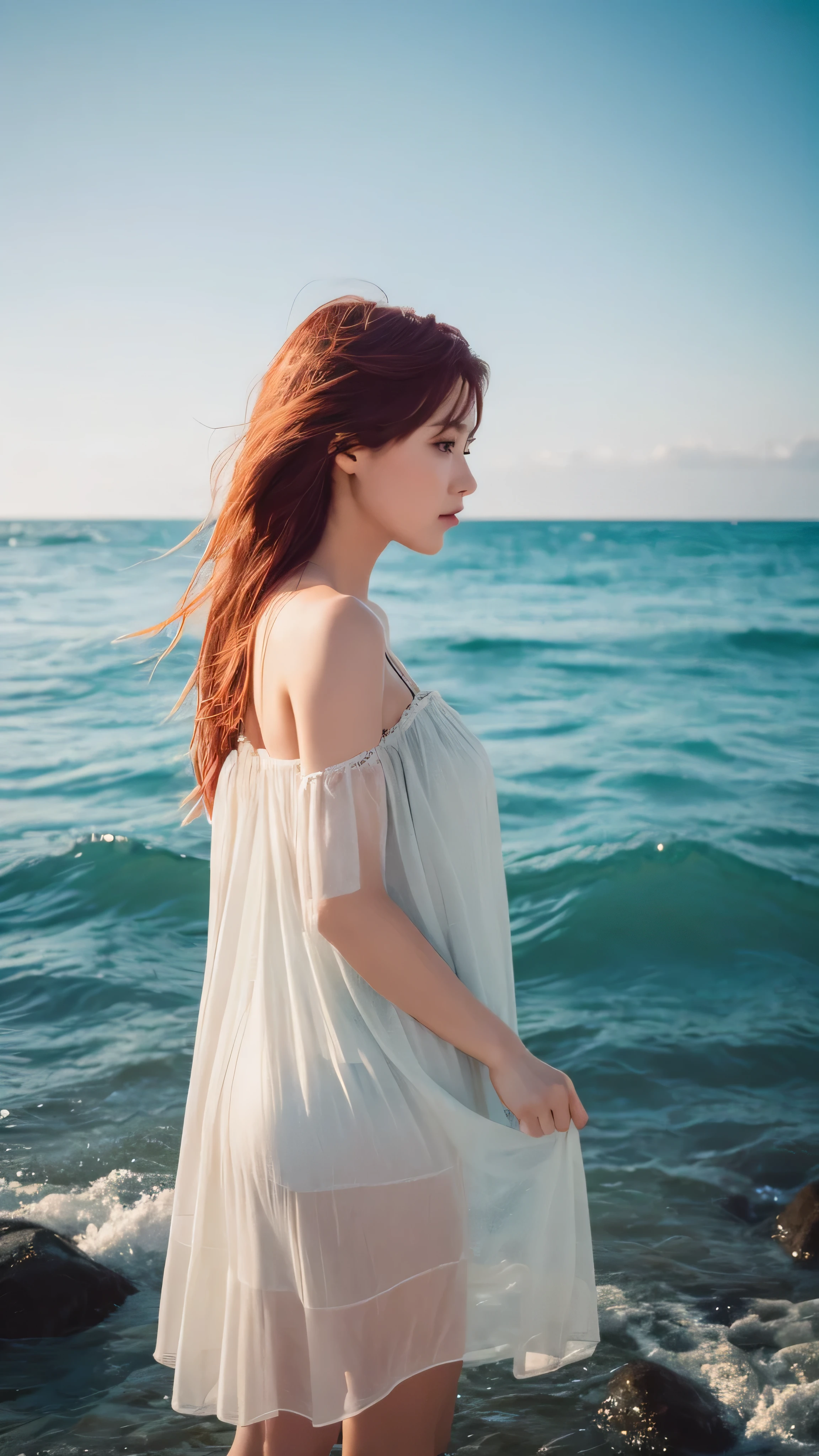 (masterpiece, Highest quality), ((woman, alone, Long Hair)), Ishmael_horn, Innocent look, Bare arms, Expose your shoulders, Bare neck, watercolor, Sundress, Liquid clothing, water, Wave, water dress, green_theme, night, mist, dark, Sharp focus, Ocean, See-through dress, Orange Hair