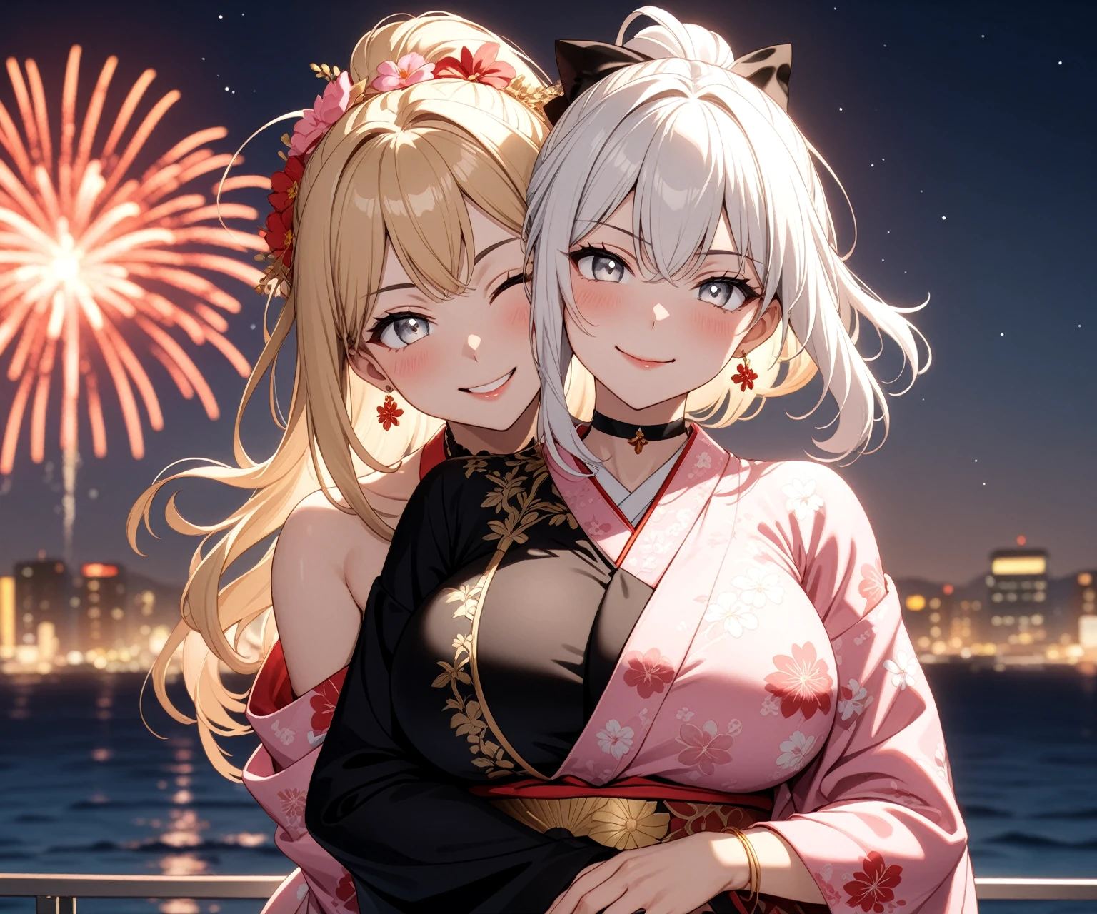 ((Two Women)), Beautiful Face, (Laughing embarrassedly), ((smirk)), ((Wink:1.8)),  ((hug from behind:1.3)), Laugh with your mouth wide open,((Bright red cheeks:1.4)),Shiny red lips, night,横浜のnight景,You can see the ocean, firework,Glossy pink lips,Facial lighting,((Anime style background)),masterpiece, Highest quality, so beautiful,up to date, Complex details, (4fingers and 1thumbs), (Pink long nails), (ring),(bracelet),(choker),AI-generated, Complex,High resolution, Highest quality, super high quality,3D Images、3D Images,One person,Long white hair in a high ponytail, ((Fine grain、Silvery white eyes、Shining Eyes:1.4)), (Squint your eyes:1.1), Long blonde hair in a high ponytail, Anime woman posing for a photo, a hyperRealistic , hyperRealistic , Realistic,Anime woman with long white hair, Smooth anime CG art, A woman in a colorful kimono with gold embroidery, (Black long sleeve kimono),(Turquoise and pink long sleeve kimono), Red floral pattern,Long flower hair ornament,Earrings,Mature Body,(Big Breasts:1.1),Tall,Abdominal muscles,Narrow waist,(Zoom in on face), 