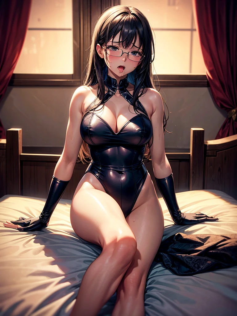 Highest quality,Highest Resolution,A woman in a seductive high-leg leotard,Mouth open, tears and saliva flowing,Dimly lit Western-style room at night,On the bed,Glasses,