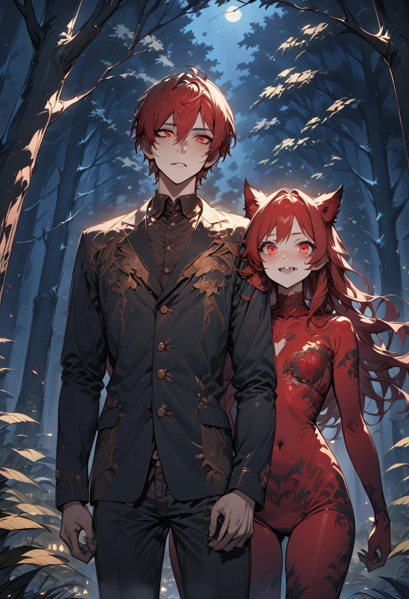 (award winning, 8k, super detailed, high resolution, best quality), (a young man with red hair and black jacket), (a werewolf with red velvet fur), (standing side by side), detailed eyes, extremely detailed face and features, detailed fangs, in a dark mysterious forest at night, moonlight shining, mist, old trees, moonlit forest, moody lighting, horror atmospheric