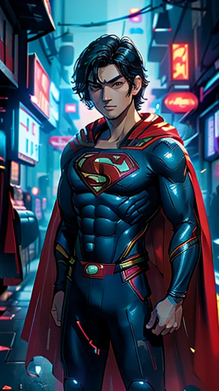 best quality,masterpiece,1boy,solo,(((13years old))),japanese boy,an extremely cute and handsome boy,highly detailed beautiful face and eyes,petit,cute face,lovely face,baby face,shy smile,show teeth, Black hair,Short hair,flat chest,skinny,slender,(((wearing a Superman costume,red cape))),(((standing in Dark Midnight Neon Glow light Cyberpunk metropolis city))),he is looking at the viewer,