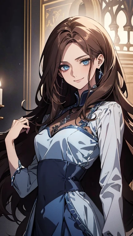 (Highest quality,High resolution,Very detailed),1 Girl, Beautiful and elegant light blue eyes, Brown Hair,Bundle your hair,Cold Smile,Long Hair,Dark blue party dress,Formal wear, Small breasts, 27 years old,Cruel smile, , Pale complexion, thin, Calm, Party Venue,Dark blue long sleeve dress