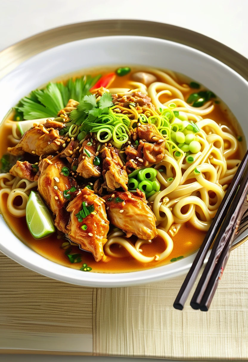 a photo of chicken noodle indonesian food, mouthwatering, photorealistic, culinary book style