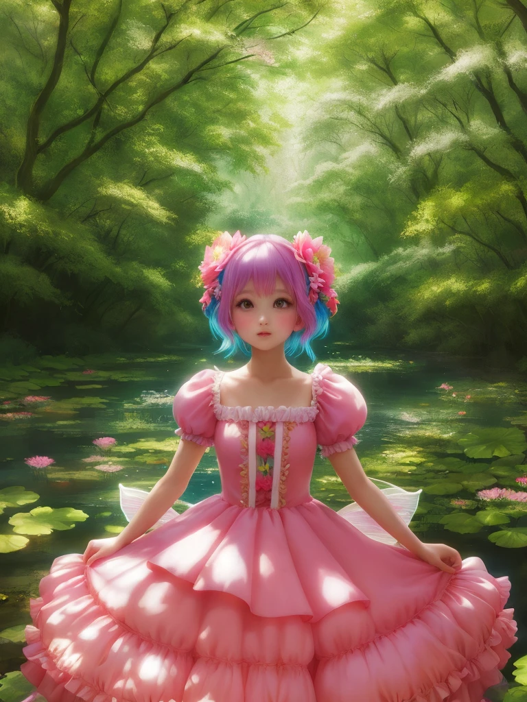 girl in a forest with floating flowers, river, puffy, puffy cheeks, cute,Fairy Flowerdress pinkhair
vibrant colors, colorful art style,  pinkdress
soft lighting, soft shadows, detailed textures, dynamic lighting,  
nice hands, perfect hands, 
