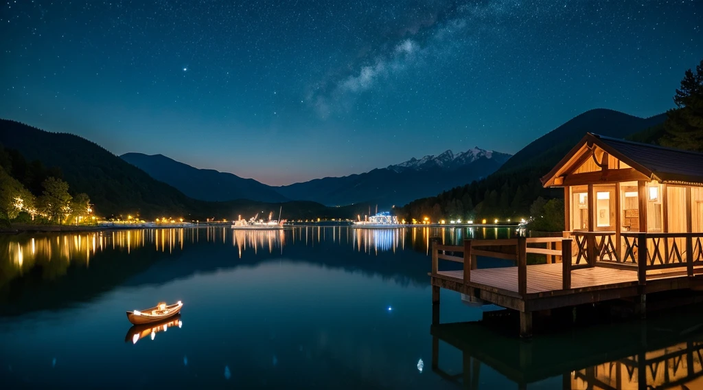 lake in the evening、Big Moonlight、Starry sky in the moonlight、Boatを漕いでる人、Boat、Lamp Light、Reflection on the water、Fantasy、mysterious、Cinematic、8K、high resolution。