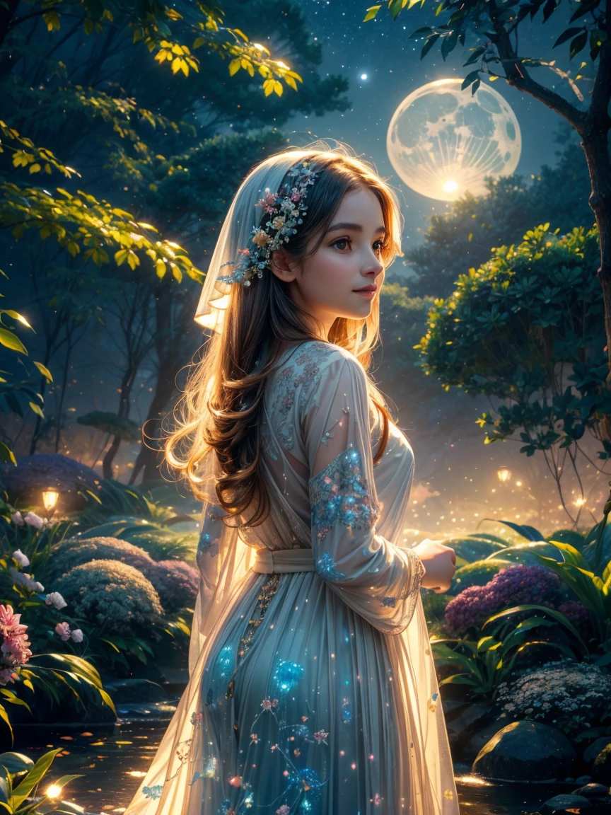 (best quality,4k,8k,highres,masterpiece:1.2),ultra-detailed,(realistic,photorealistic,photo-realistic:1.37),colorful, vibrant, illuminated scene, moonlit garden, A girl surrounded by ethereal light, long flowing hair, delicately painted face, beautiful detailed eyes, soft glowing lips, joyful expression, mesmerizing eyes, enchanting smile, playful interaction between the girl and the jellyfishes, translucent jellyfishes floating gracefully, rainbow-colored tentacles, iridescent glow, peaceful atmosphere, lush green foliage, blooming flowers, twinkling stars, gentle breeze, inviting sky, captivating moon, dreamlike setting, whimsical elements, magical ambiance, otherworldly feel, delightful energy, enchanting colors, surreal scenery.