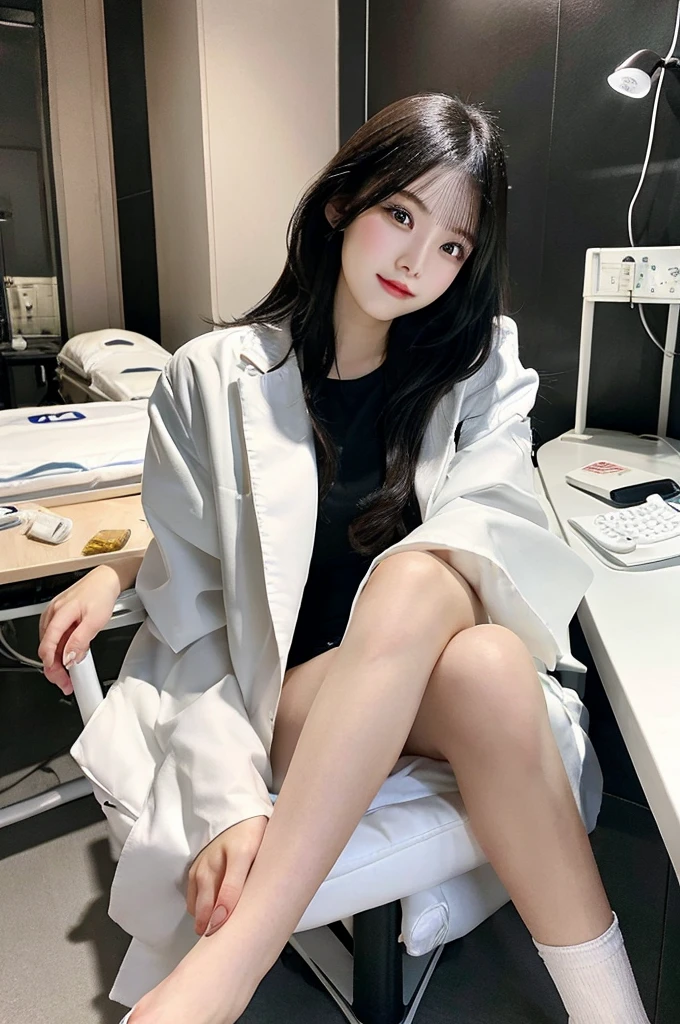 Browsing Caution、big 、((Health Room))、full body,White、underwear、doctor’s coat、sit in office chair、Crossing your legs、whole body、double eyelid、Highest quality, Very detailed, Fine details, High resolution, 8K, Perfect dynamic composition, Beautiful details, Beautiful 20 year old woman、The only person,Black Hair、Glamorous Body、bed、Cute face、Two arms、Half Up、valley