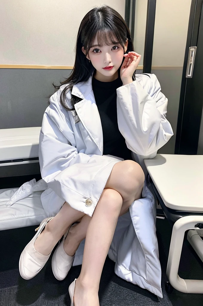 Browsing Caution、big 、((Health Room))、full body,White、underwear、doctor’s coat、sit in office chair、Crossing your legs、whole body、double eyelid、Highest quality, Very detailed, Fine details, High resolution, 8K, Perfect dynamic composition, Beautiful details, Beautiful 20 year old woman、The only person,Black Hair、Glamorous Body、bed、Cute face、Two arms、Half Up、valley