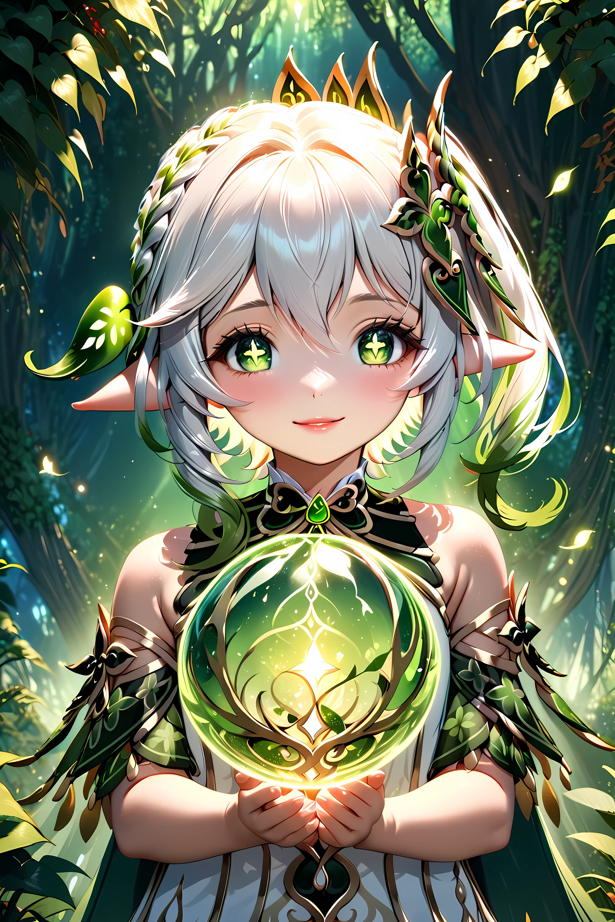 1girl, nahida (genshin impact), medium shot, holding in her hands a sphere of energy created with magic in an enchanted forest at night, around nahida emanates a natural aura of green color, smile, beautiful detailed eyes, beautiful detailed lips, extremely detailed face, longeyelashes, cute expression, mystical atmosphere, fantasy landscape, glowing particles, cinematic lighting, vibrant colors, intricate details, digital art, high quality, 8k, photorealistic