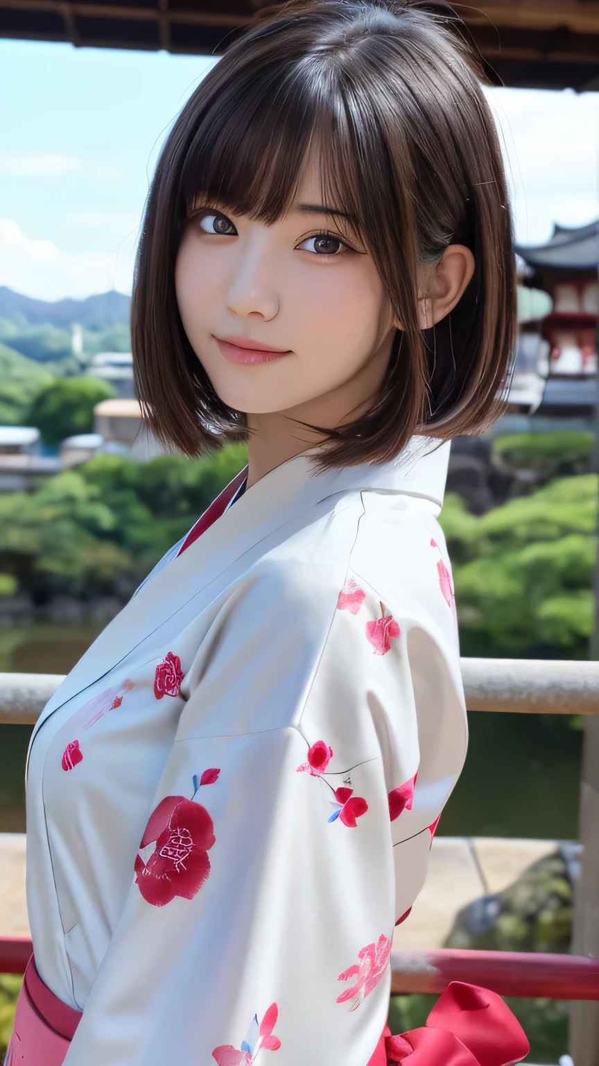 One Girl, (beautiful girl, Delicate girl:1.3), (16 years old:1.3),
break, (Kyoto, Kiyomizu temple, Large panorama:1.2),
break, (White floral kimono:1.3),
break, Very beautiful eyes, (Symmetrical eyes:1.3),
break, Large Breasts, Black eyes, Parted bangs, Black Hair, (Upper teeth, The best smile:0.2),
break, (Eye and facial details:1.0),
break, (masterpiece, Highest quality, Very detailed, Detailed face, 8K)