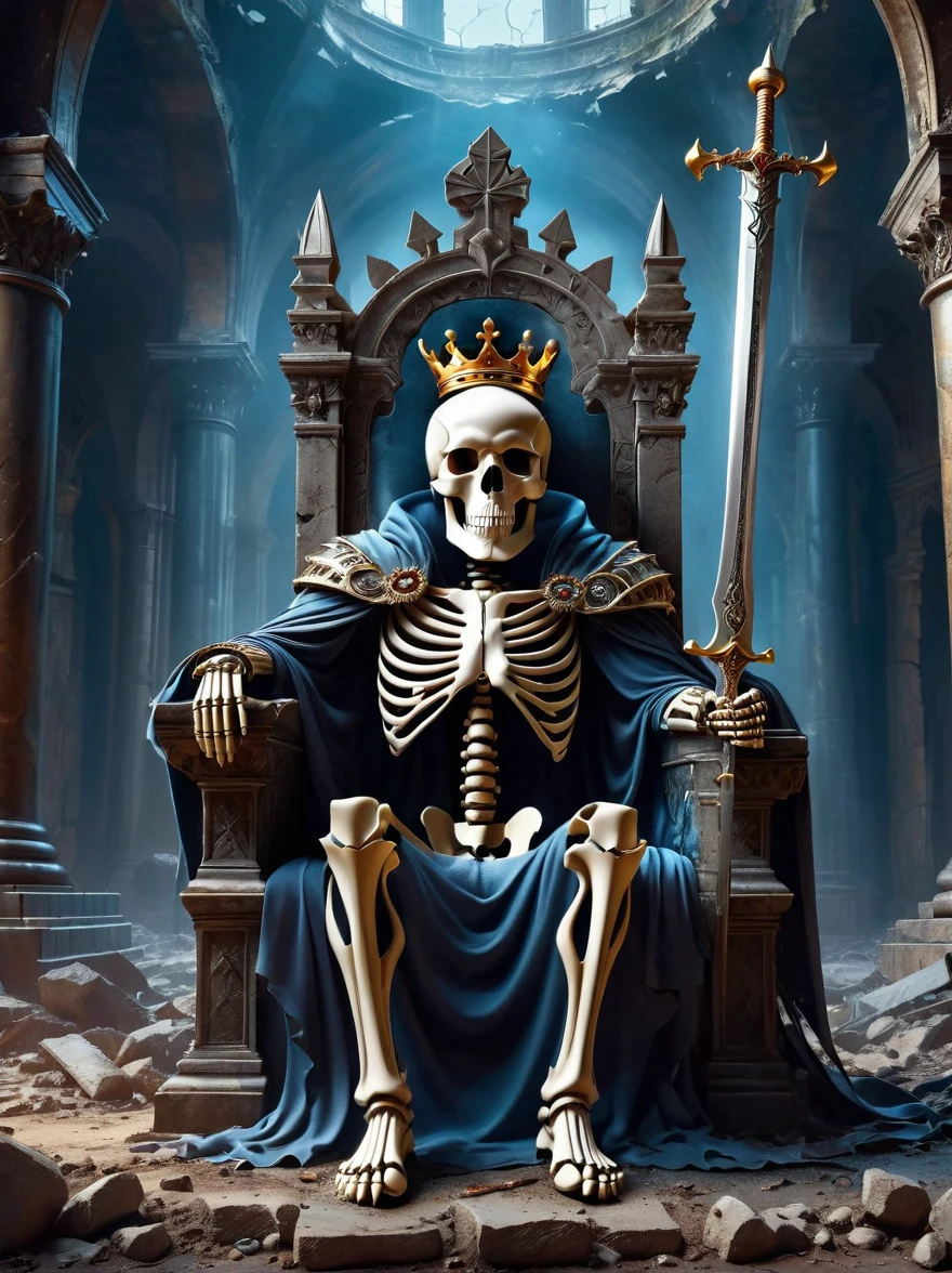 Realistic digital illustrations, Surrealism, A broken skeleton sits on the throne of power in the ruined throne room，The skull is wearing the remains of a crown，A broken iron sword stuck in the ground