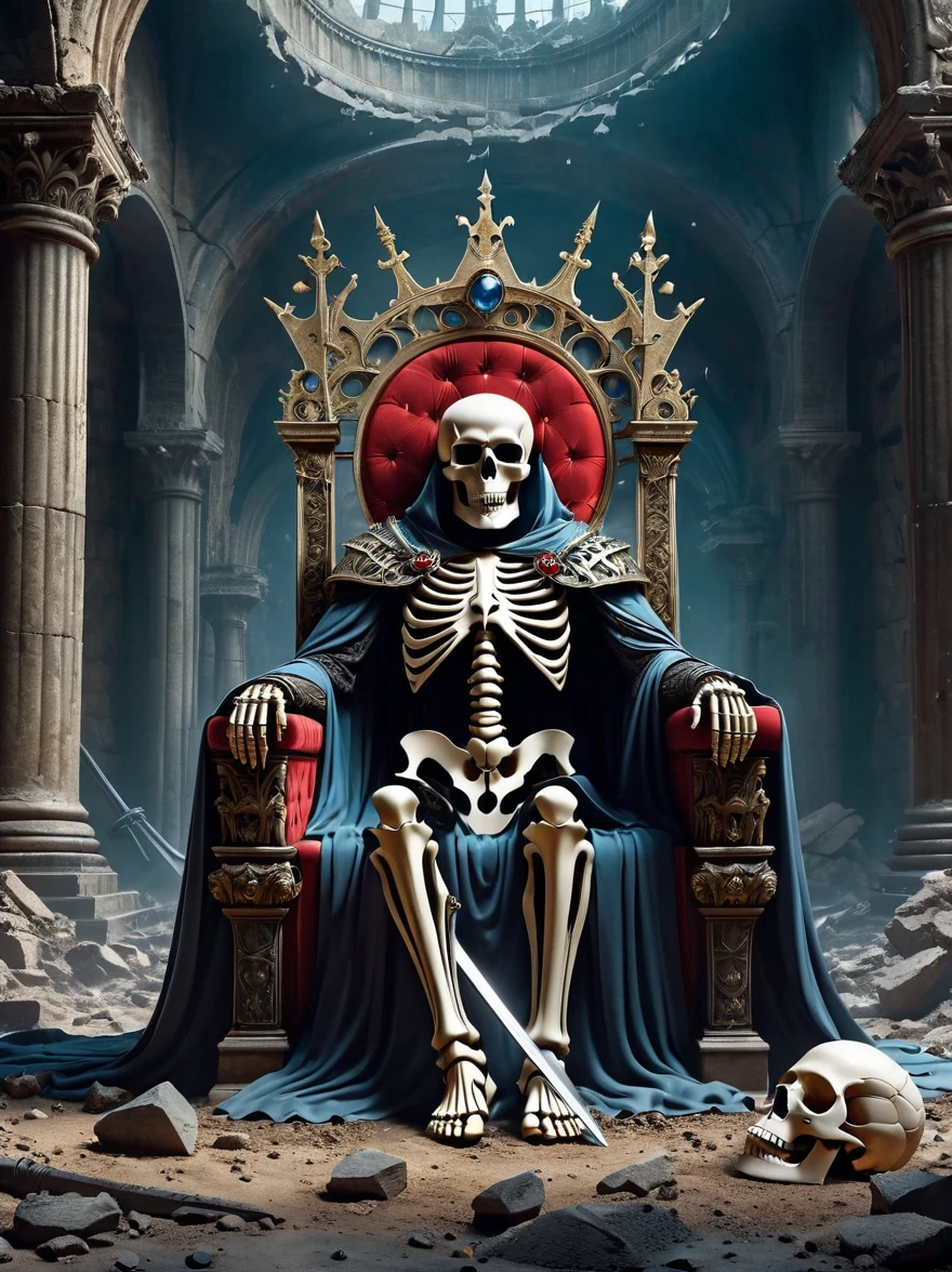 Realistic digital illustrations, Surrealism, A broken skeleton sits on the throne of power in the ruined throne room，The skull is wearing the remains of a crown，A broken iron sword stuck in the ground