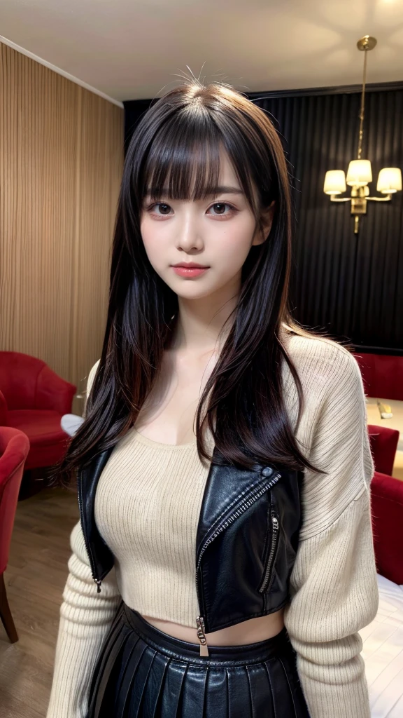masterpiece, best quality, illustration, Super detailed, fine details, High resolution, 8K,wall paper, perfect dynamic composition, front view, upper body, Upper body only, 18 year old girl, Gravure Idol, cute type, (Details High quality, realistic depiction of eyes:1.3), revealing clothes, straight hair, bangs, black hair color, Dark makeup, Big Natural Color Lip, perfect body shape, plump figure, beautiful clavicle, Black leather jacket, Knit sweater that goes all the way down to the neck, pleated skirt, hotel room