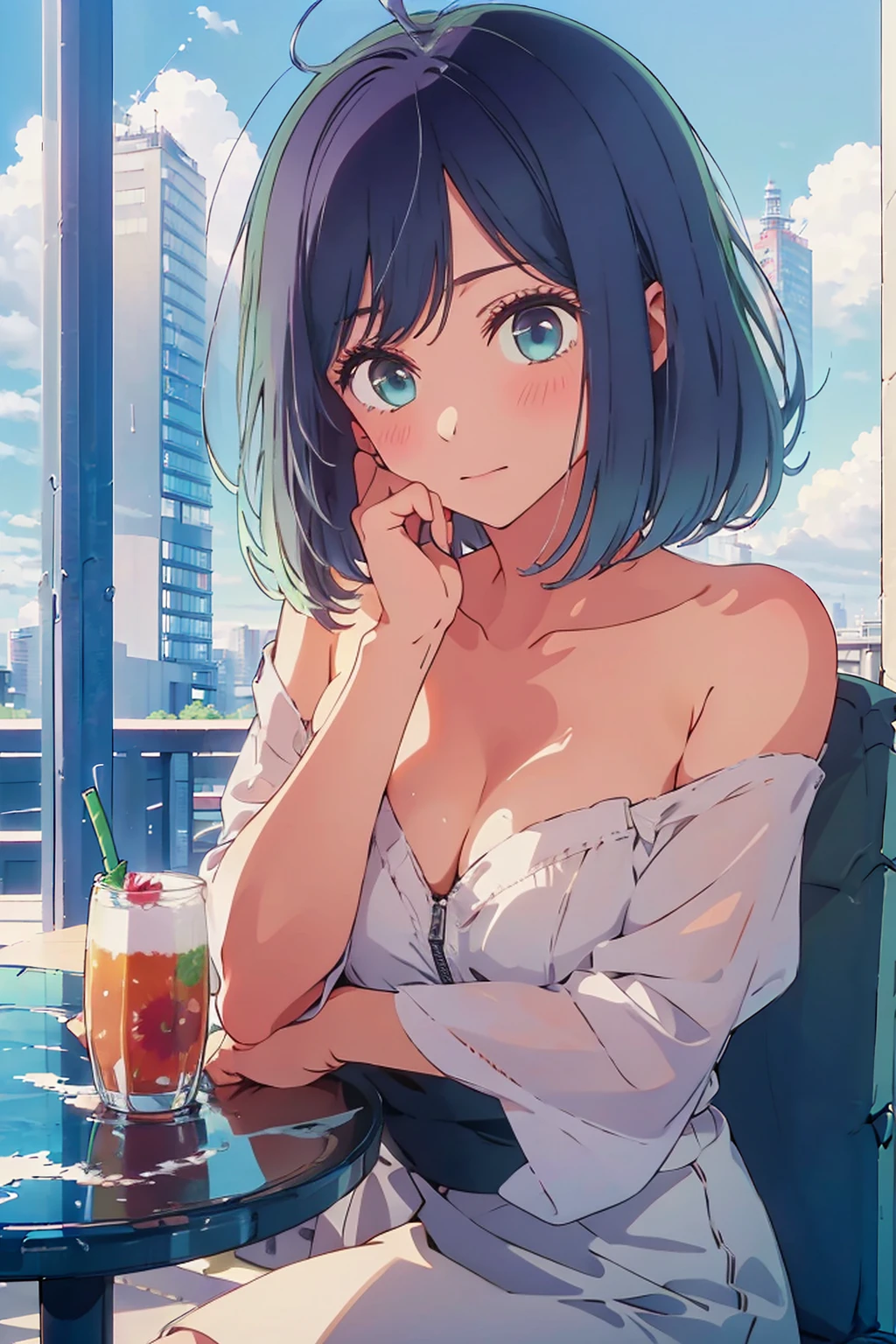 (Highest quality:1.4、8K:1.4、detailed)、F cup bust、Big Breasts、Slim body、Very white beautiful skin、((((1 person、Surprised expression、sit、Chair、In the background are the urban buildings of Tokyo、looking at the camera、Outdoor café terrace、Navy hair color、juice、Shooting up close、Shooting from an angle、table、Very cute face))))、((((nude、very beautiful areola))))、(Hand touching cheek pose:1.4、Cheek resting on hand:1.4)、Off-the-shoulder blouson、Black blouson with zipper、Very blue sky、A completely cloudless sky
