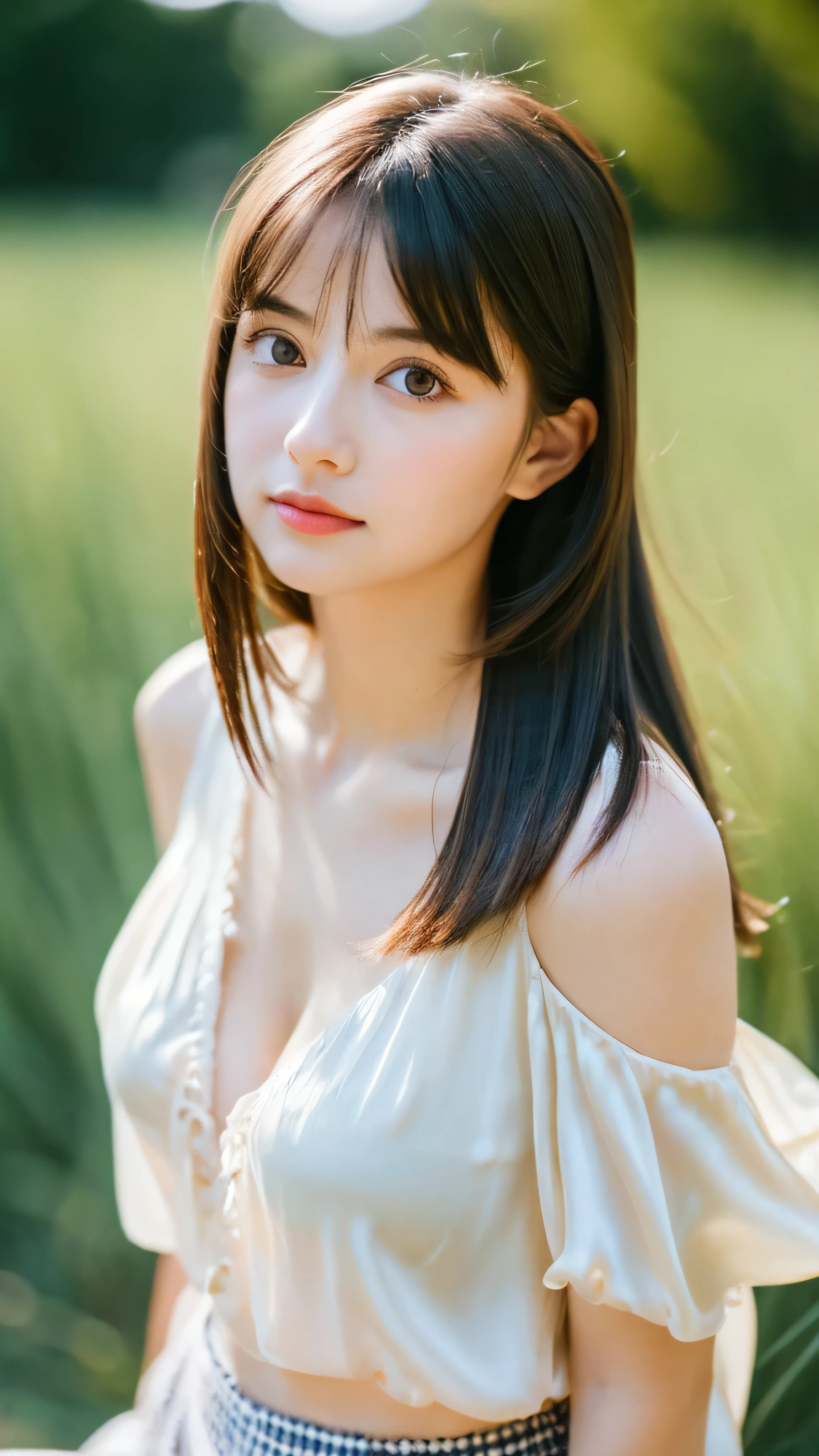 (Random Nationality):1.5, masterpiece, Highest quality, 8K, 20th Generation, (Large Breasts:1.2), cute, alone, sad, close, cute, Girlish, Delicate girl, Pure beauty,  RAW Photos, Professional photography, Portraiture, Soft Light, Professional Lighting, Backlight, Upper Body, avert your eyes, Sophisticated, Film Grain, (Eyes and facial details:1.0), Beautiful straight hair, Hair swaying in the wind, Silk blouse, Random hairstyle