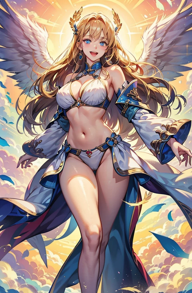 最high quality, high quality, 8K、High resolution,Highest quality、solo、胸に翼のある白いビキニ姿のtallのadult female angelを下から、Very beautiful proportions、belly button、Thighs、tall、Adult woman in a white bikini, Archangel Style、super Wild Angel, A happy open-mouthed smile、Thighs、Naturally Shaped Fingers、Long neck、from the front、Looking at each other, our eyes met、Exposed belly、Blonde hair and blue eyes、Majestic Angel, Anime Goddess, Wild Angel, from the front、thick, Beautiful and attractive anime woman, Huge and stunning goddess shots, Angel Adult Woman, adult female angel, She has angel wings on her back,Highly detailed goddess shot