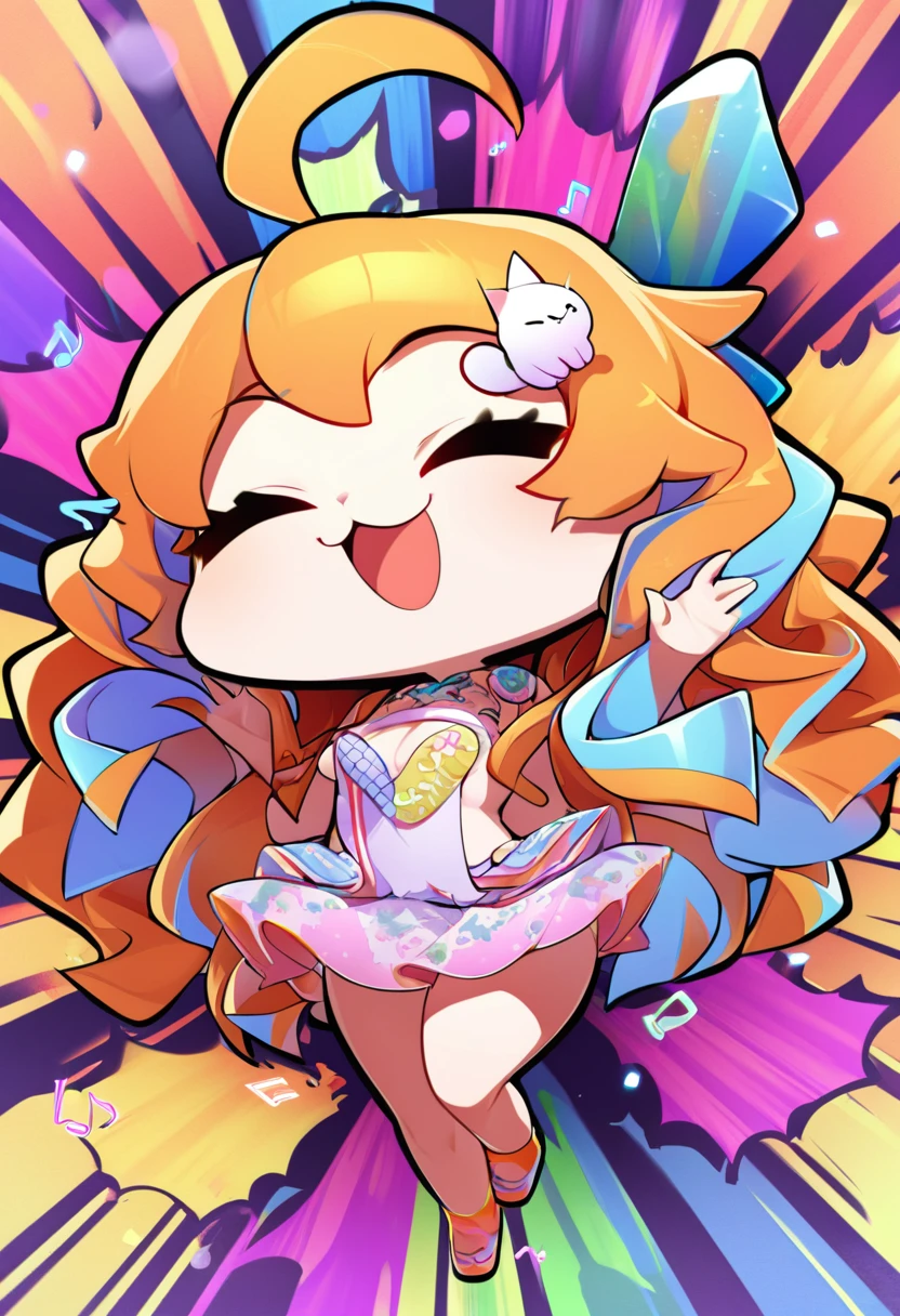 (chibi, big head, full body, super deformed), best quality, super fine, 16k, incredibly absurdres, extremely detailed, 2.5D, delicate and dynamic depiction, cute girl, smiling, orange messy wavy hair, ahoge, holding a cute fluffy cat in her arms, dancing notes effect, pastel and vivid colors background, portrait