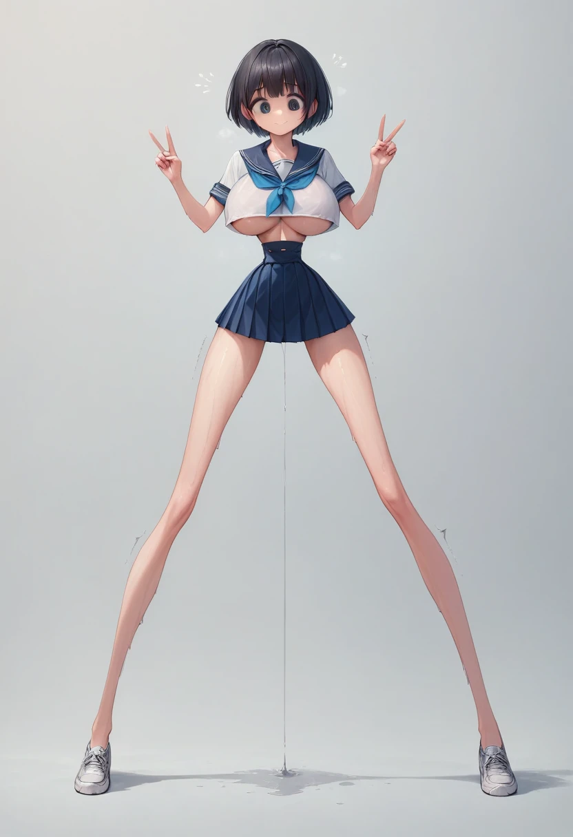 front shot, 1girl, kawaii, (super big breasts, micro waist, very long legs:1.4), Black hair, short bob hair, short height, scrawny and thin body, Light Skin, cute big eyes, cute beautiful thin face, cute smile, serafuku, pigeon-toed, wet and sweaty, visible ribs, V sign, Trembling