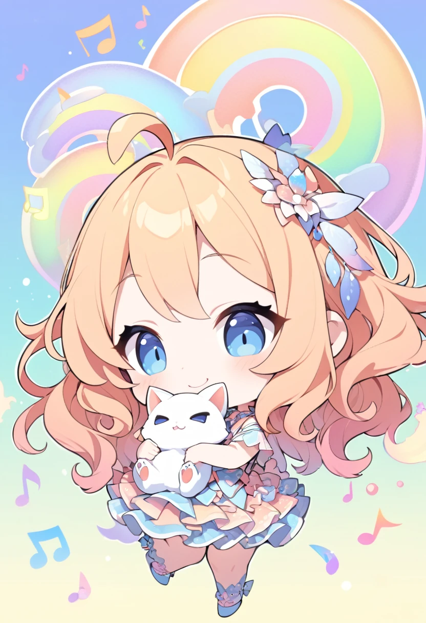 (chibi, big head, full body, super deformed), best quality, super fine, 16k, incredibly absurdres, extremely detailed, 2.5D, delicate and dynamic depiction, cute girl, smiling, orange messy wavy hair, ahoge, holding a cute fluffy cat in her arms, dancing notes effect, pastel and vivid colors background, portrait