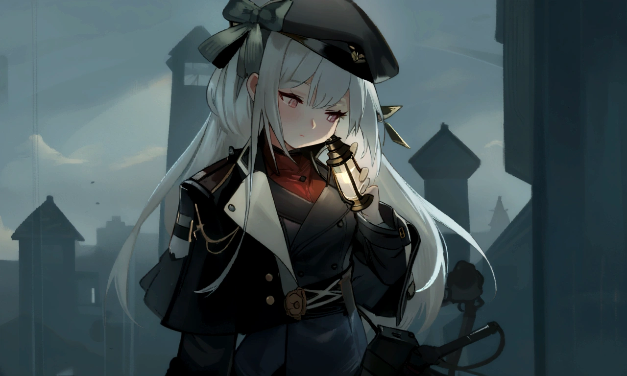 Long white hair,Wearing a black hat,Anime girl holding a kerosene lamp, from Girls Frontline, from Ark of Tomorrow, Gu Weiss, Fleet Collection Style, artwork in the style of Gu Weiss, Girls Frontline style, Fine details. Girls Frontline, Girls Frontline cg, Ark of Tomorrow, Girls Frontline universe, From the Azur Lane video game