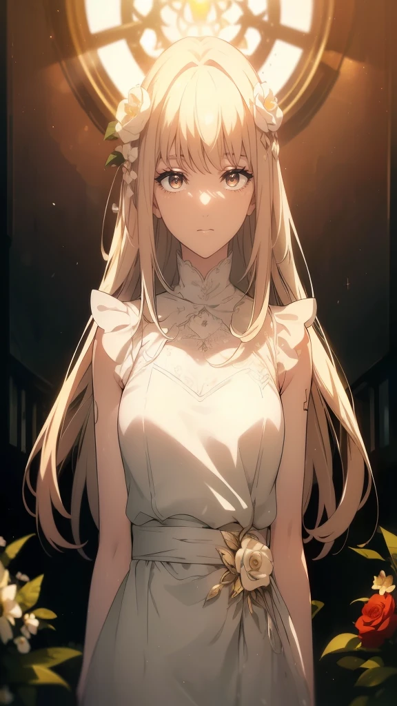 ((((Obra maestra, La mejor calidad, ultrahigh resolution)))), 1girl, standing, ((wearing white summer dress)), long hair cut, pale skin, ((brown eyes)), (glowing_eyes, luminescent eyes), (ultra detailed eyes:0.7, beautiful and detailed face, detailed eyes:0.9), ((centered)), smile, ((wide shot)), facing viewer, (((vibrant background of outside, flowers, bright lighting, summer, sunlight))), flat chested, looking at viewer, ((perfect hands)), ((head:1, hips, elbows, arms, in view)), ((hands behind back)), beautiful lighting, defined subject, (25 years old), ((cool looking)), ((slight breeze in hair, vintage sun glare))