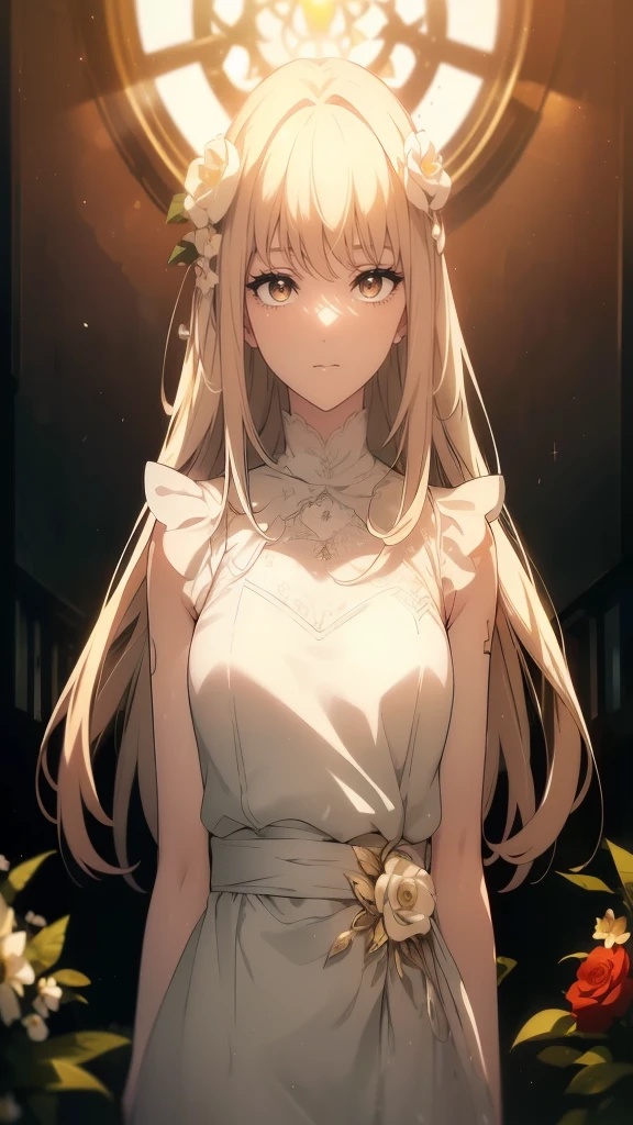 ((((Obra maestra, La mejor calidad, ultrahigh resolution)))), 1girl, standing, ((wearing white summer dress)), long hair cut, pale skin, ((brown eyes)), (glowing_eyes, luminescent eyes), (ultra detailed eyes:0.7, beautiful and detailed face, detailed eyes:0.9), ((centered)), smile, ((wide shot)), facing viewer, (((vibrant background of outside, flowers, bright lighting, summer, sunlight))), flat chested, looking at viewer, ((perfect hands)), ((head:1, hips, elbows, arms, in view)), ((hands behind back)), beautiful lighting, defined subject, (25 years old), ((cool looking)), ((slight breeze in hair, vintage sun glare))