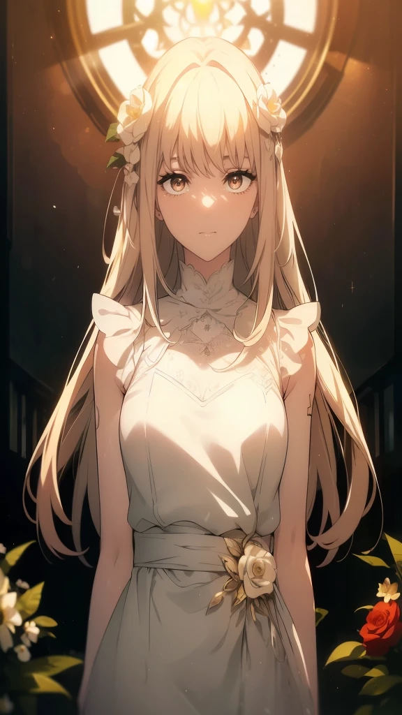 ((((Obra maestra, La mejor calidad, ultrahigh resolution)))), 1girl, standing, ((wearing white summer dress)), long hair cut, pale skin, ((brown eyes)), (glowing_eyes, luminescent eyes), (ultra detailed eyes:0.7, beautiful and detailed face, detailed eyes:0.9), ((centered)), smile, ((wide shot)), facing viewer, (((vibrant background of outside, flowers, bright lighting, summer, sunlight))), flat chested, looking at viewer, ((perfect hands)), ((head:1, hips, elbows, arms, in view)), ((hands behind back)), beautiful lighting, defined subject, (25 years old), ((cool looking)), ((slight breeze in hair, vintage sun glare))